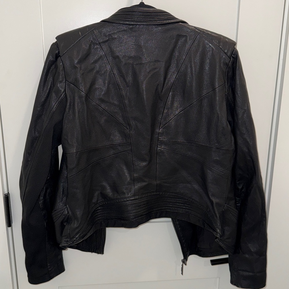 BCBGMaxAzria Black Ribbed Shawl-Collar Leather Jacket - Picture 4 of 5